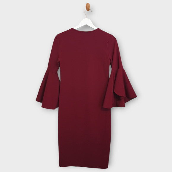 BLVD Dress Womens Small Red Burgundy Bell Sleeves Retro Mermaidcore Party Sheath - Picture 2 of 10